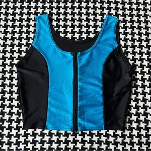 Vintage 80s black + blue stretch scuba swim zip up crop tank top. Small / medium
